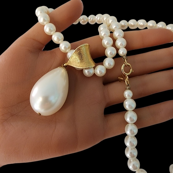 Vintage Sarah Coventry pearl necklace with pearl pendant teardrop gold - Picture 15 of 16